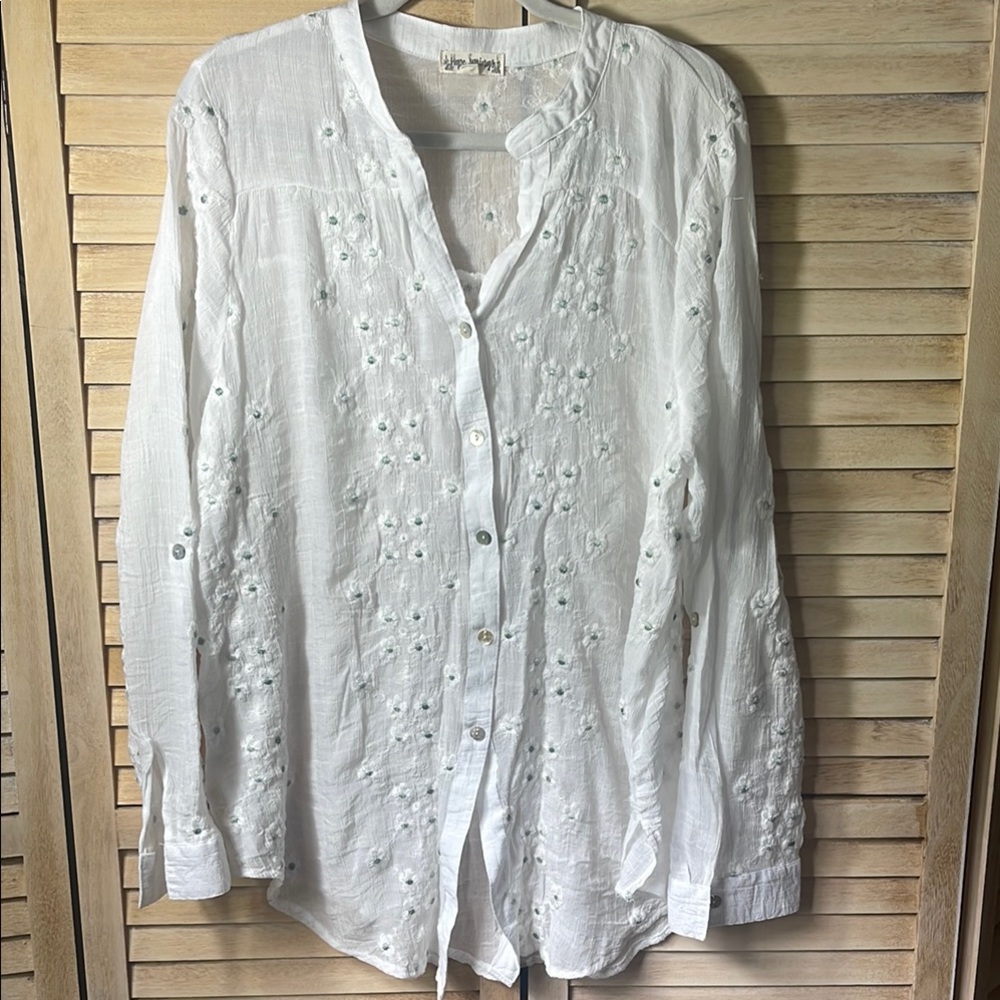 White Embroidered Button Down Shirt with Floral Detailing